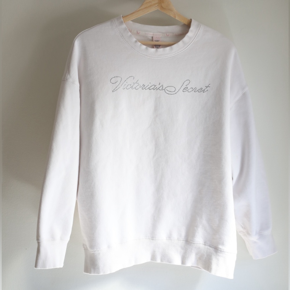 Vintage 2008 Victoria's Secret Rhinestone Logo Sweatshirt White Y2K Women's L - Picture 2 of 8